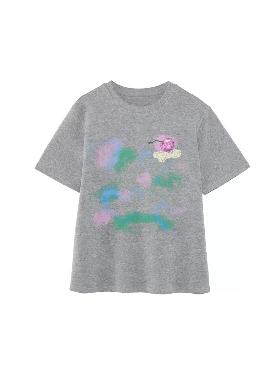 Retro Cherry Embroidery Gradient Loose T-shirt & Skirt