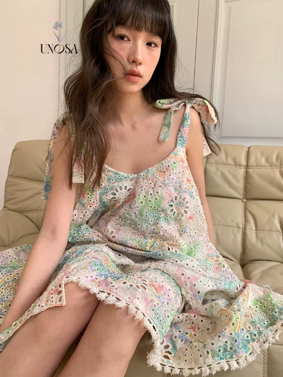 Colorful Print Cutwork Lace Loose Bow Dress
