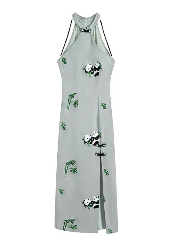 Panda Embroidery American Sleeve Long Dress