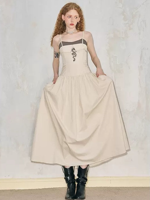 Chest Fold Contrast Color Stitching Suspender Long One-piece