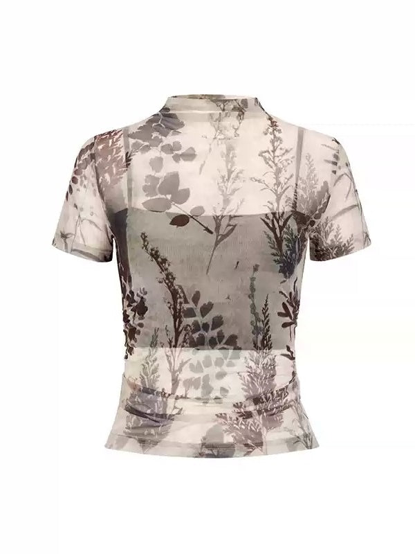 Plant Printing Micro-transparent Mesh T-shirt