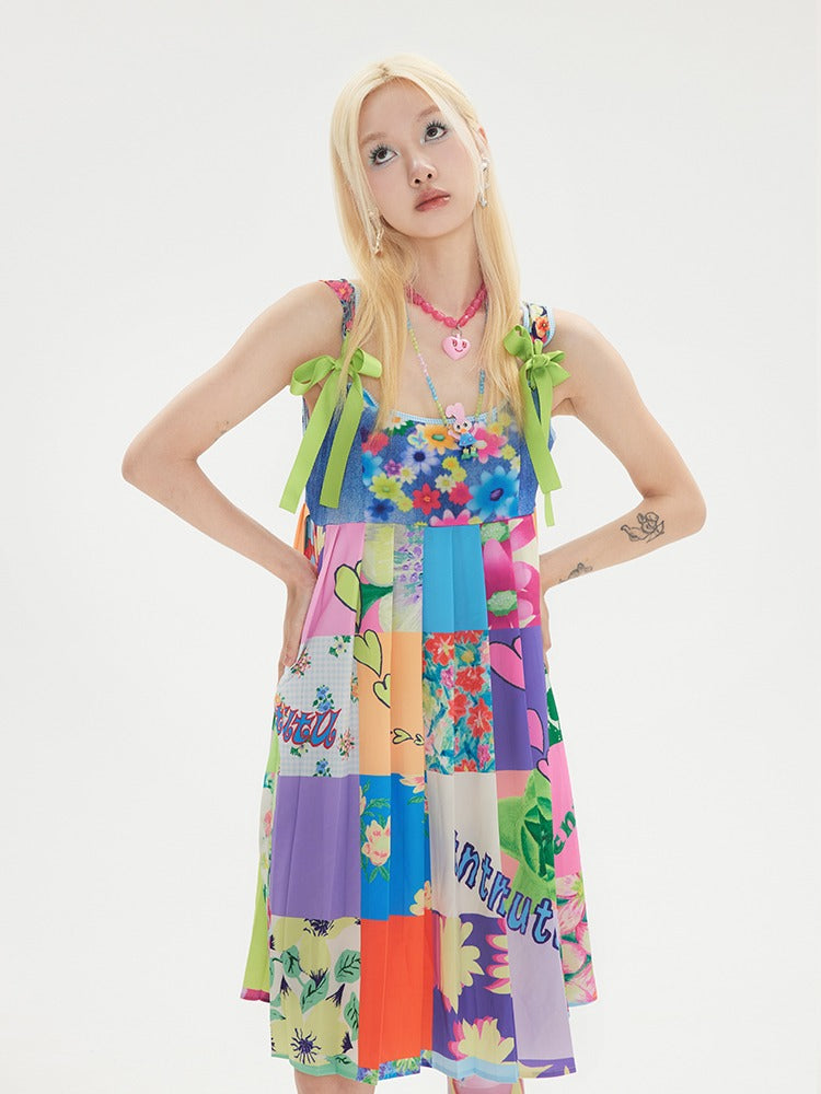 Stitching Denim Print Strap Sling One-piece