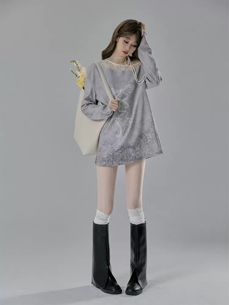 One-shoulder Lace Patchwork Loose Printed Pullover