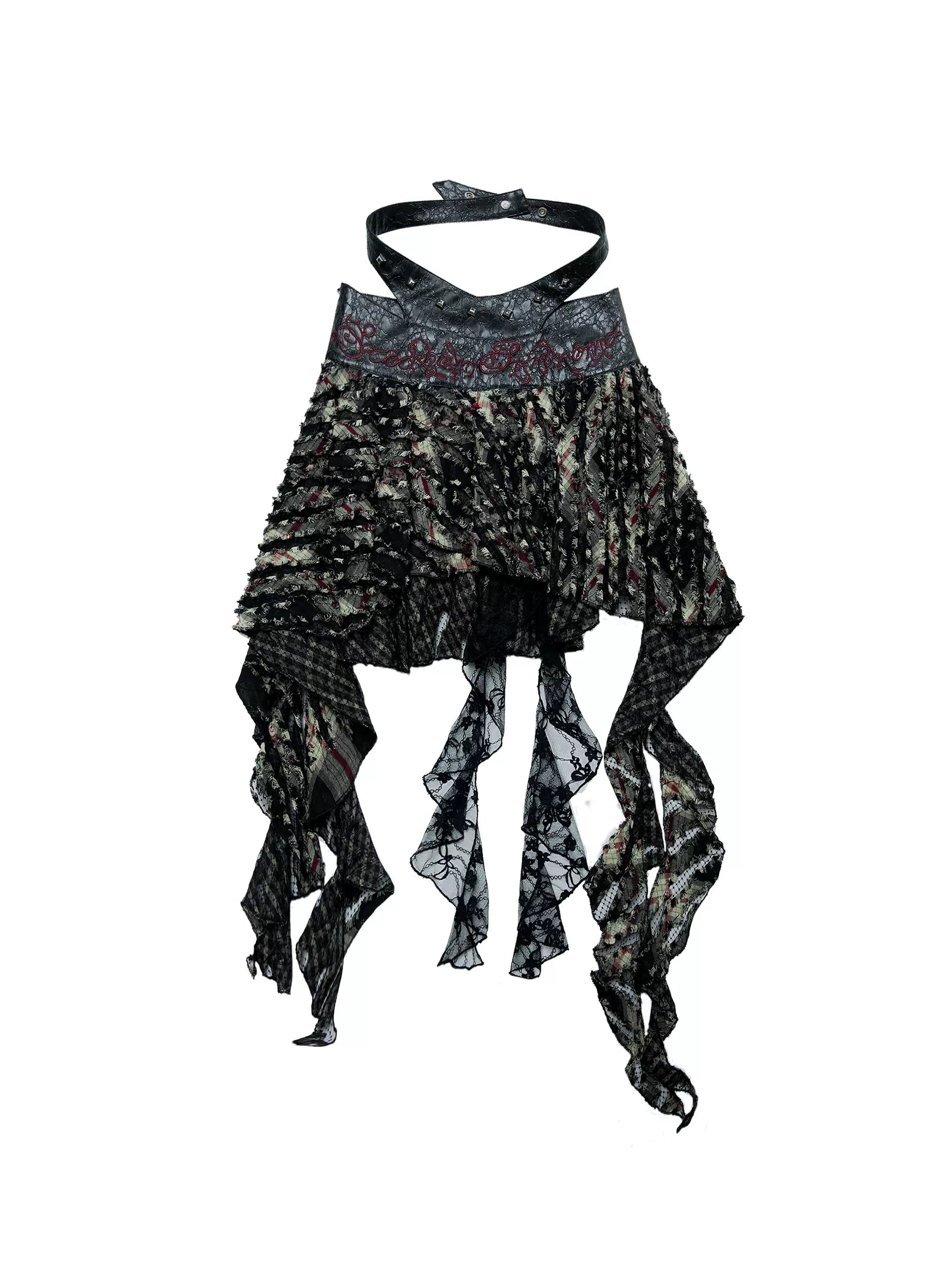 Stitching Embroidered Skirt & Lace Stitch Leather Tube Top