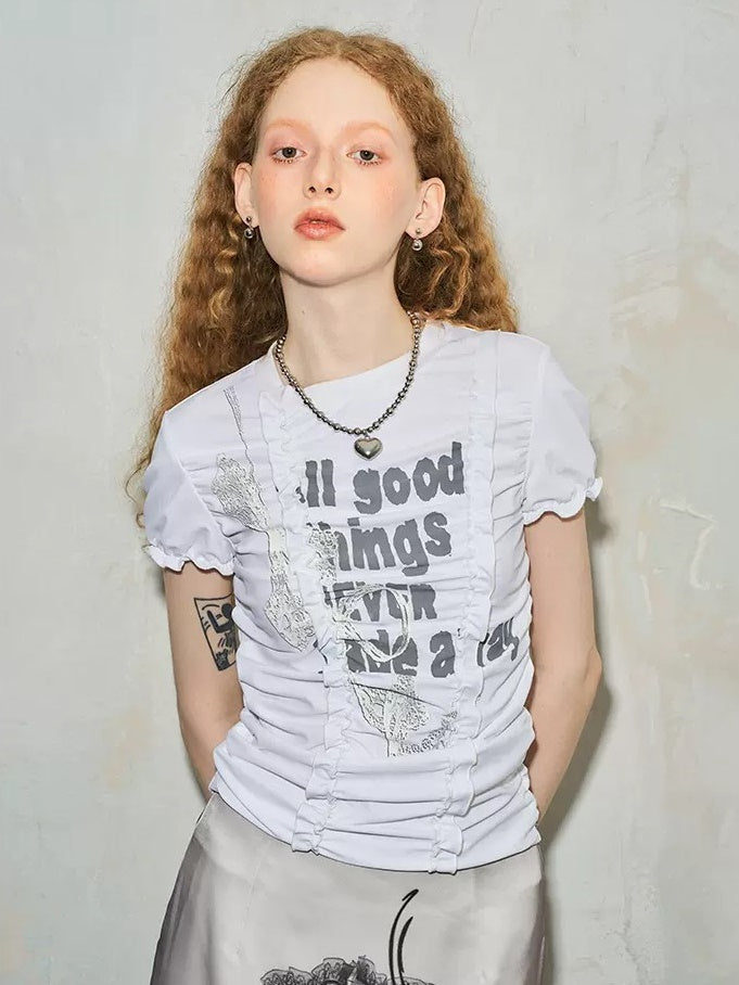 Lace Print Fungus Wrinkled Slim Short-sleeved T-shirt