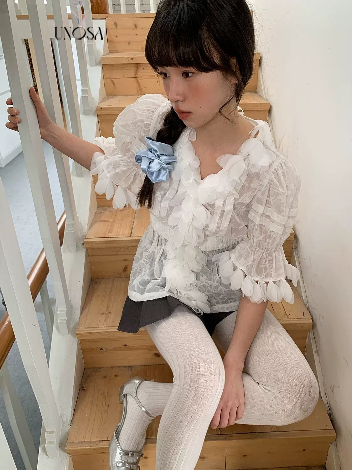 Fish Scale Lace Jacquard Puff Sleeve Short-sleeved Shirt
