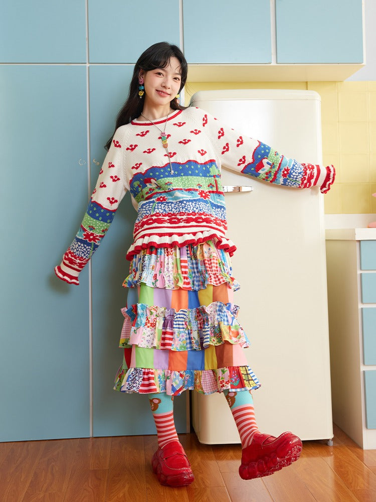 Patchwork Retro Ruffled Skirt
