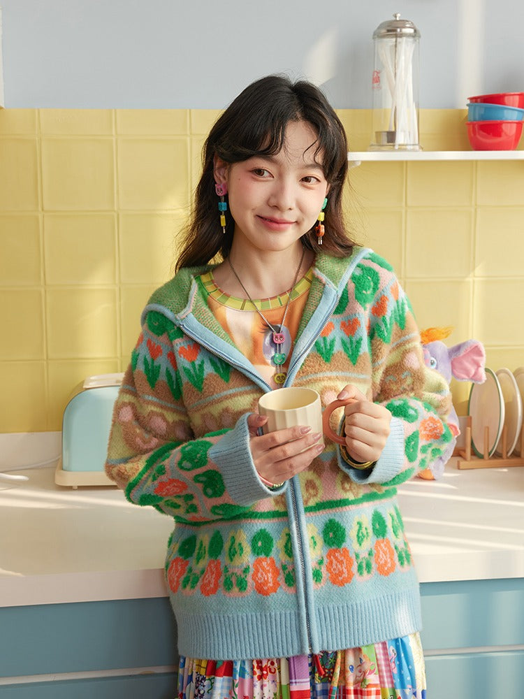 Colorful Border Knitted Hooded Zipper Cardigan