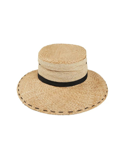 French Style Sunscreen Black Strap Straw Hat