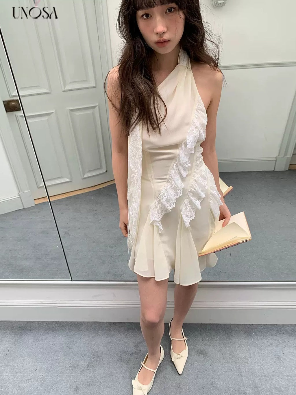 Ribbon Irregular Diagonal Lace Halterneck Chiffon Dress