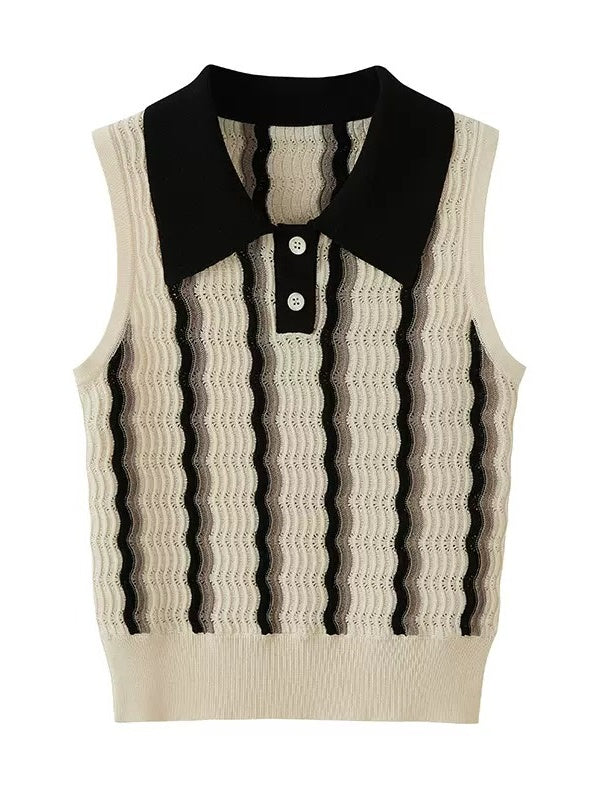 Hollow Contrast Border Polo Collar Knitted Sleeveless Top