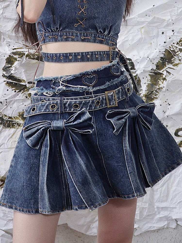 Niche Big Ribbon Flare Denim Skirt