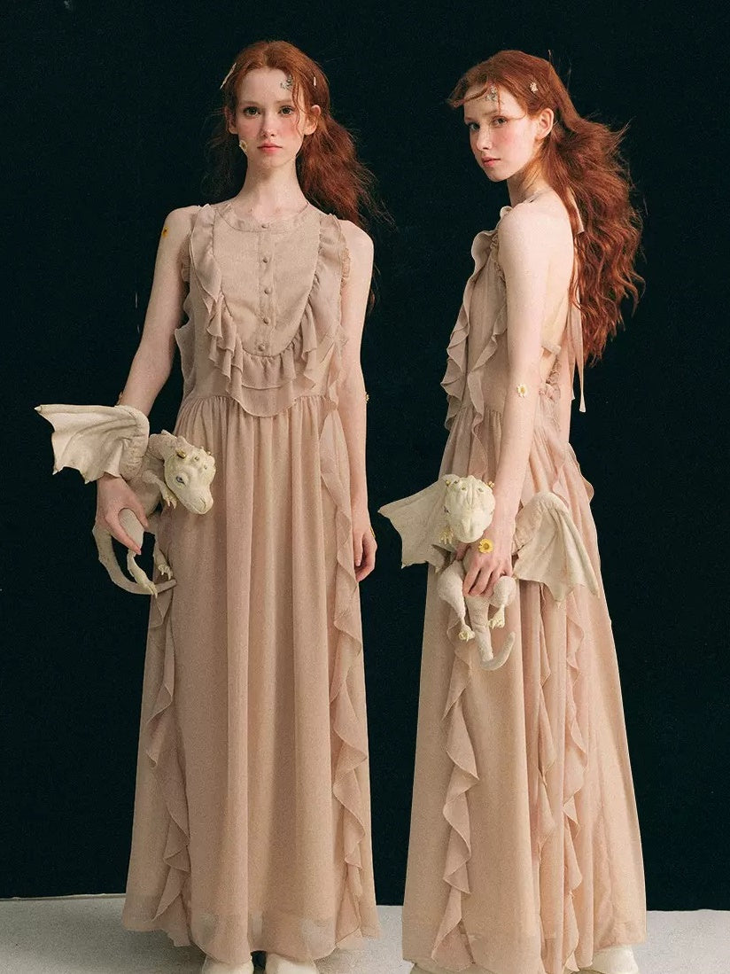 Halterneck Backless Design Frill Long Dress