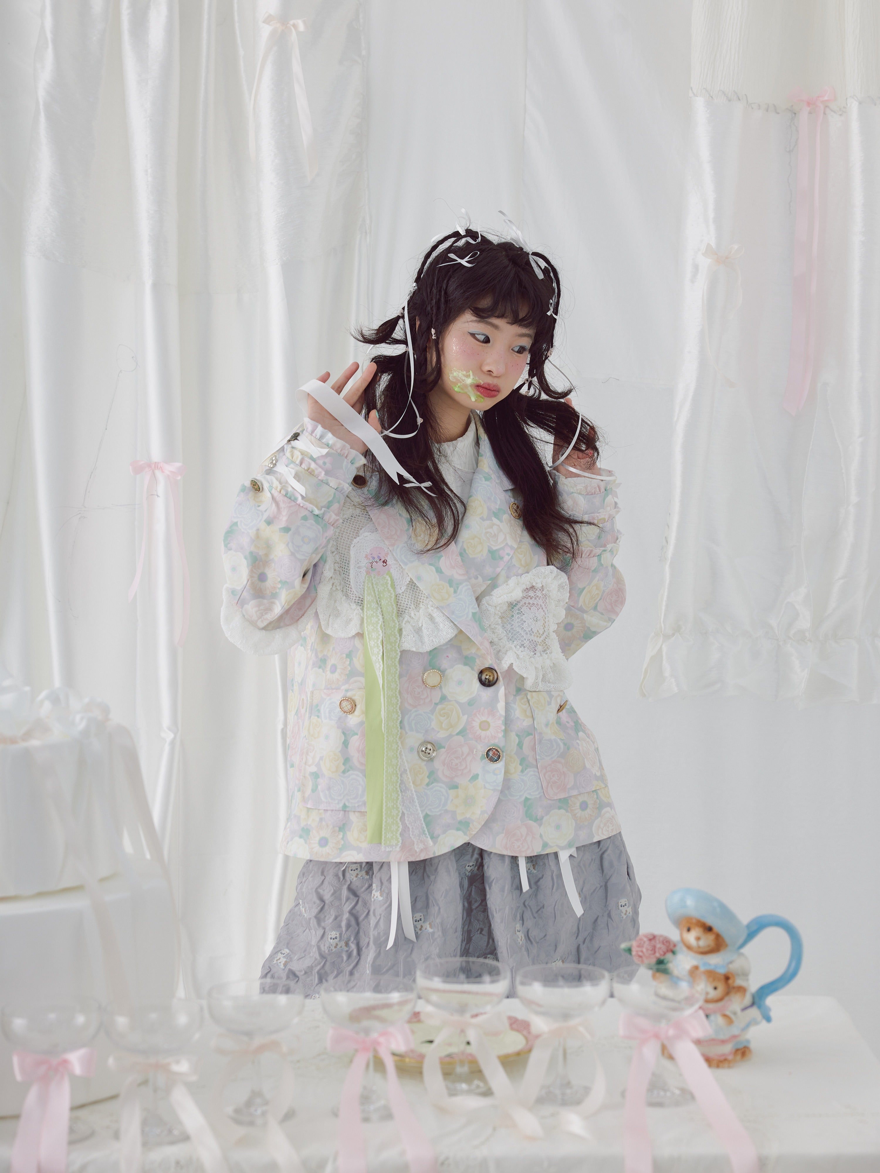 플로럴 프린트 어깨 패드 레이스 재킷