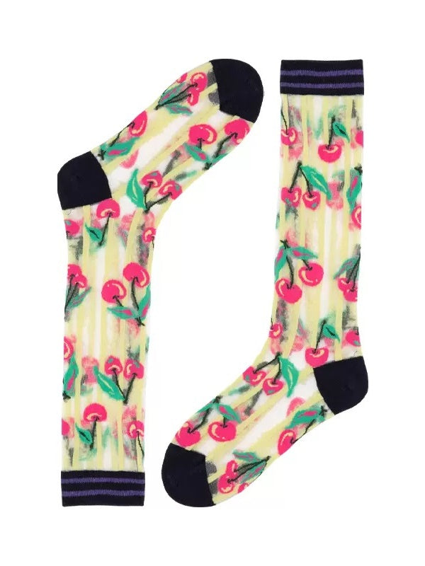 줄무늬 체리 패턴 자카드 유리 양말