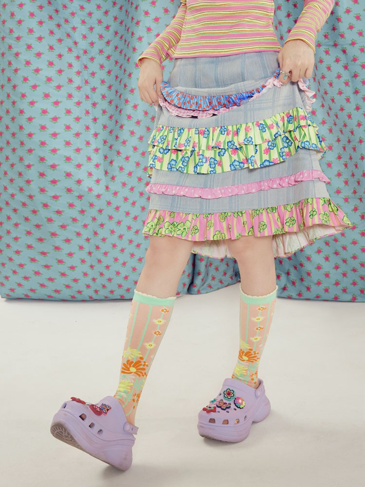 Rüschstich-Plaid-Denim A-Line-High-T-Rock