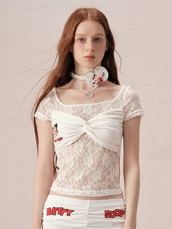 Lace Fake Two-piece Short-sleeved Top & Short Spats