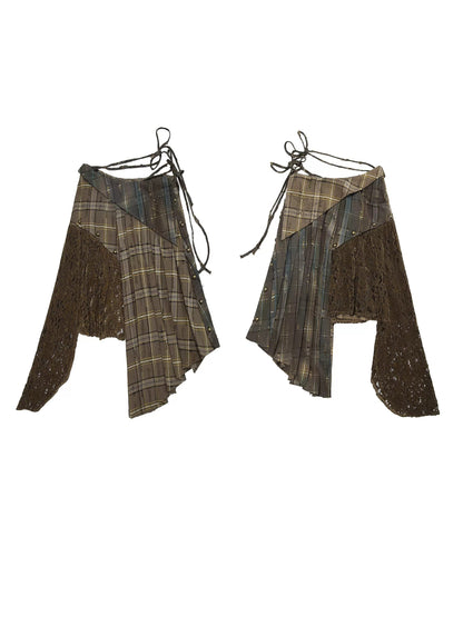 Plaid Splicing Detachable Two-wear Irregular Pleated Skirt