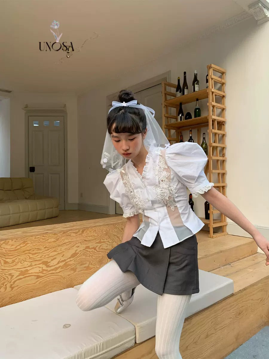 Hollow Lace Balloon Sleeve Short Shirt