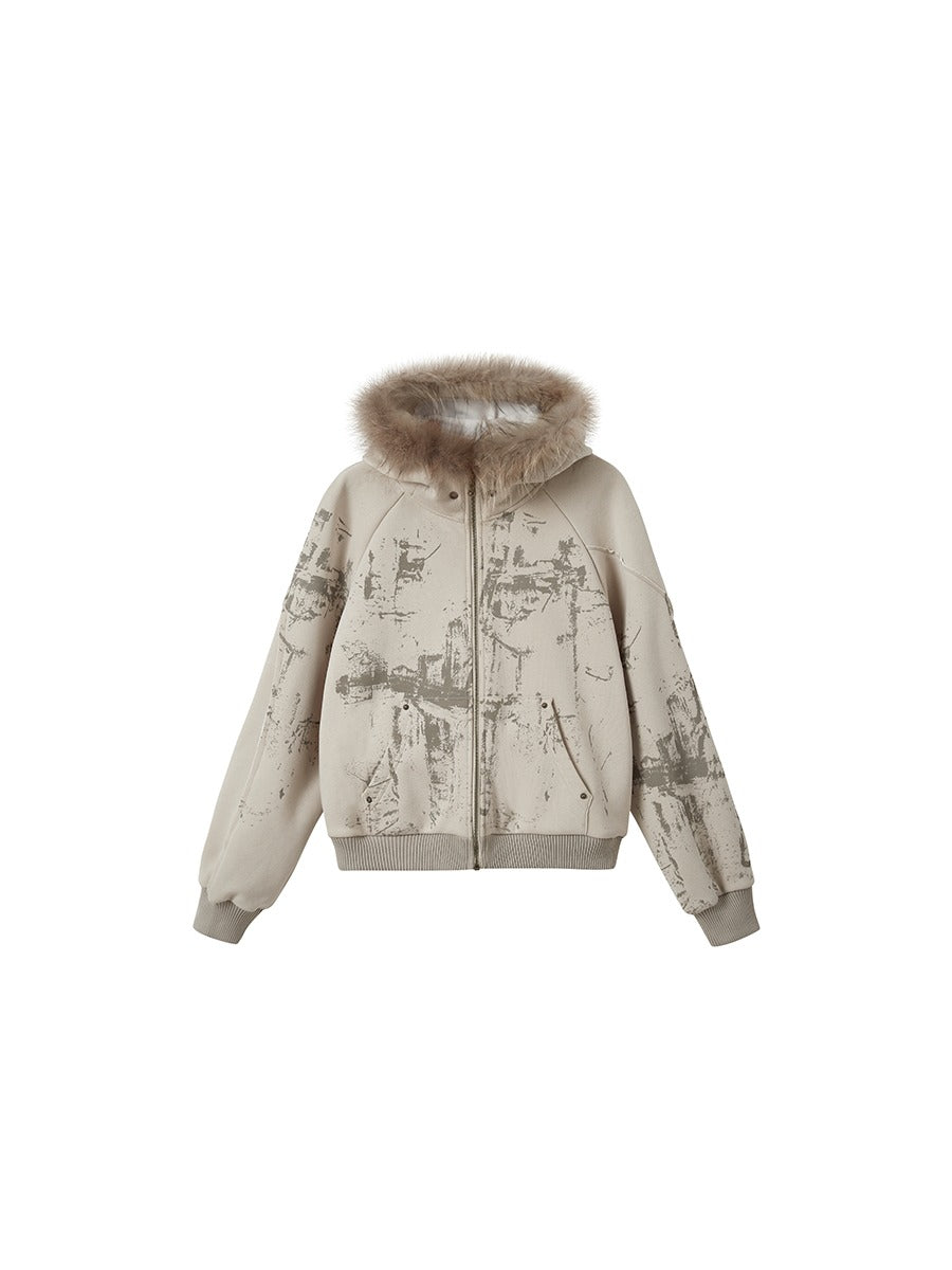Loose Mottled Graffiti Fur Stitch Hooded Sweat Jacket