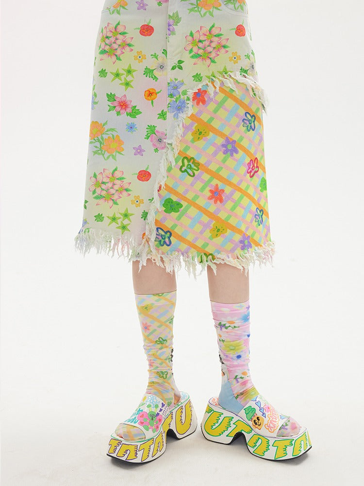 Nähte Blume Plaid A-Line-gedruckter Rock
