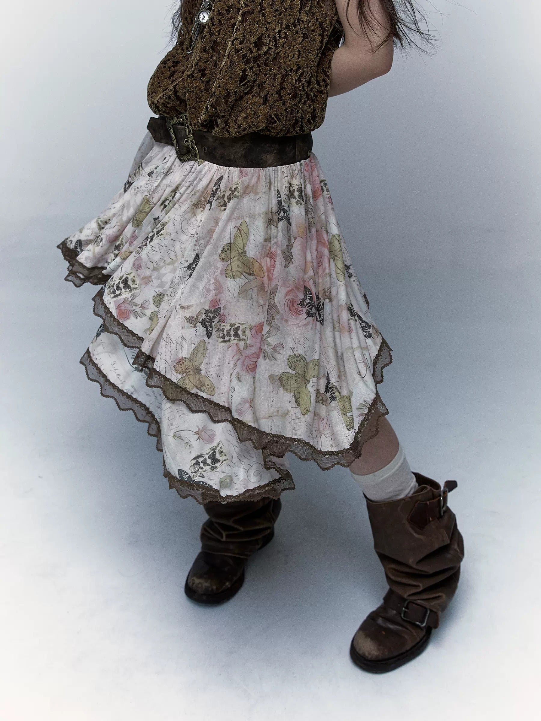 Retro Butterfly Print Splicing Irregular Skirt