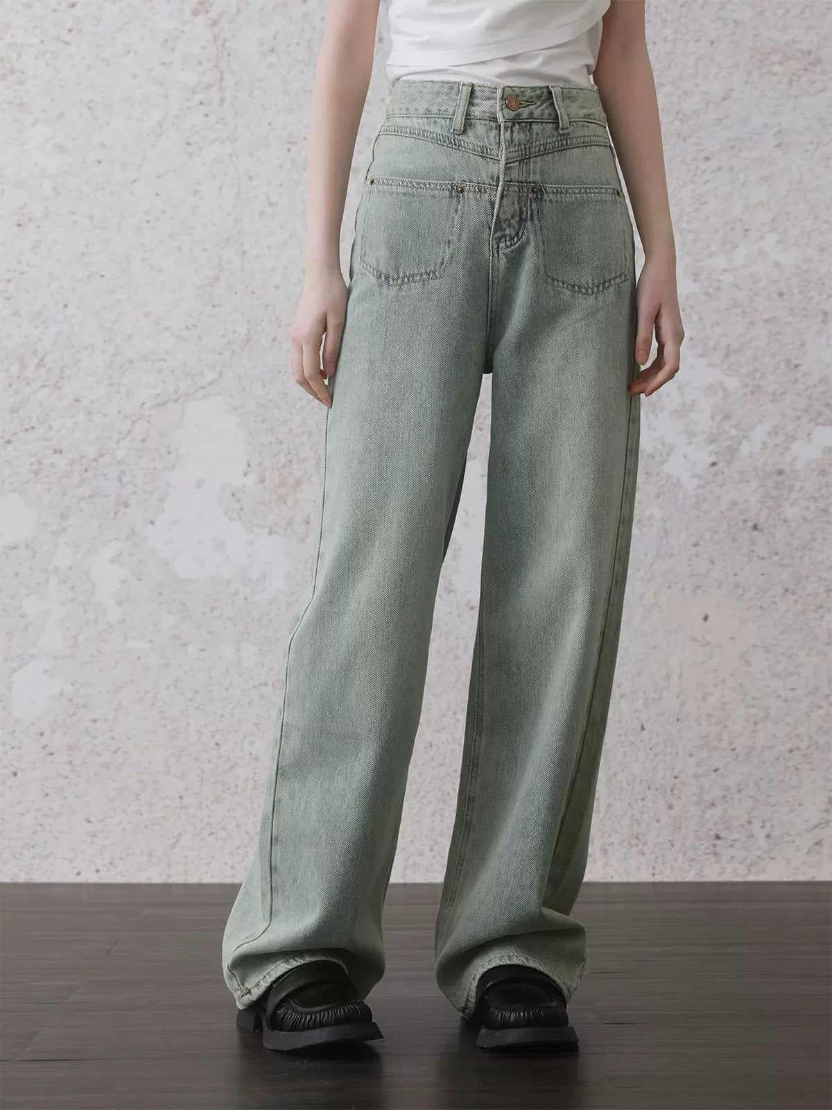 Retro Washed Distressed Wide-leg Front Pocket Jeans