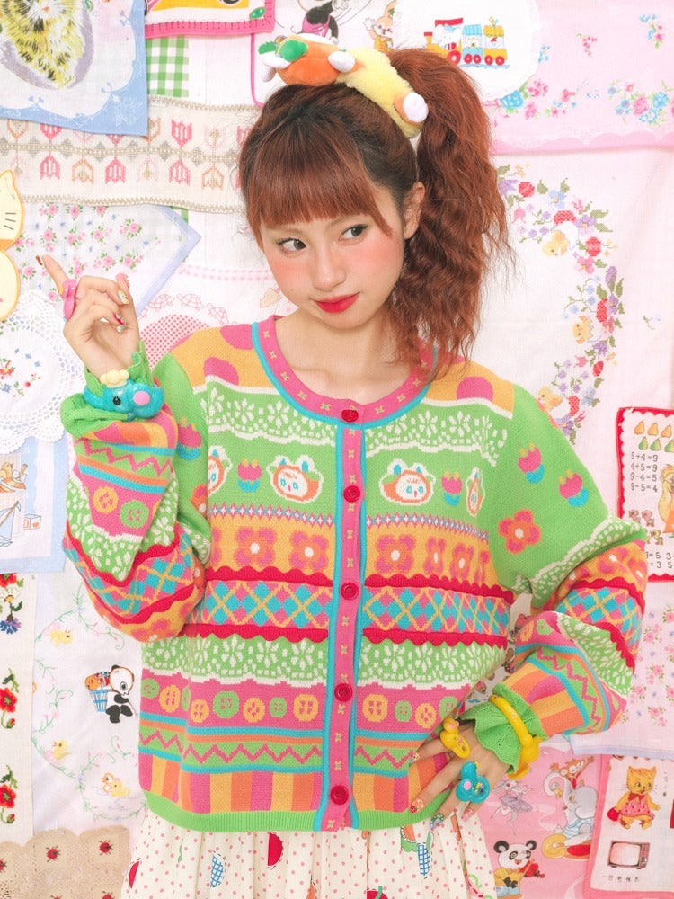 스트라이프 버니 체크 라운드 넥 니트 가디건