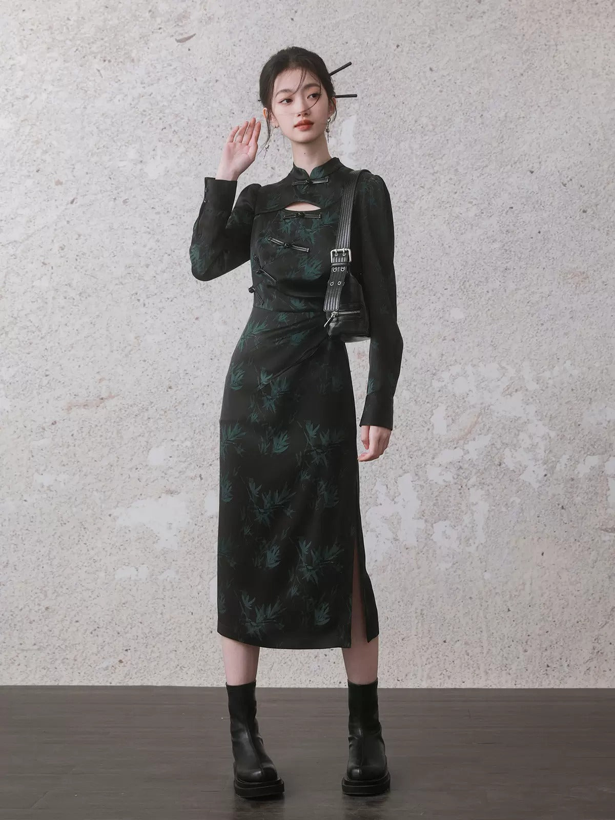 Bamboo Leaf Print Cheongsam Long Sleeve Dress