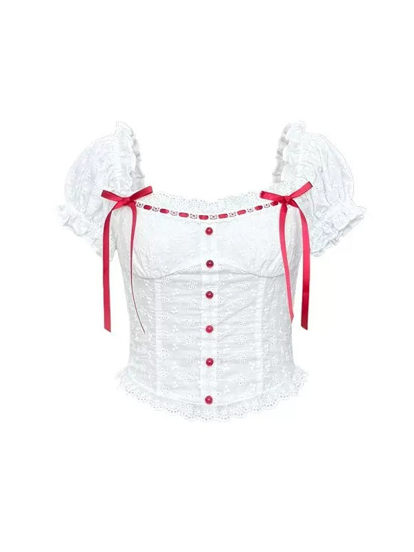 Lace Ribbon Puff Sleeve Top & Gingham Check Cake Skirt