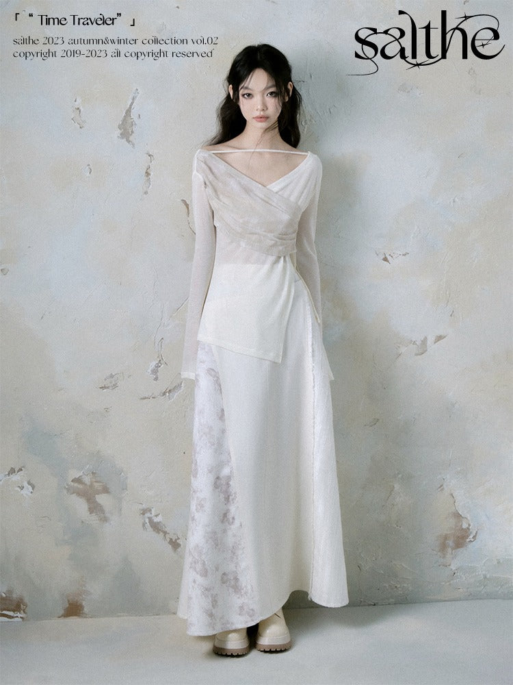 A- 라인 불규칙한 원시 가장자리 인쇄 스 플라이 싱 스커트