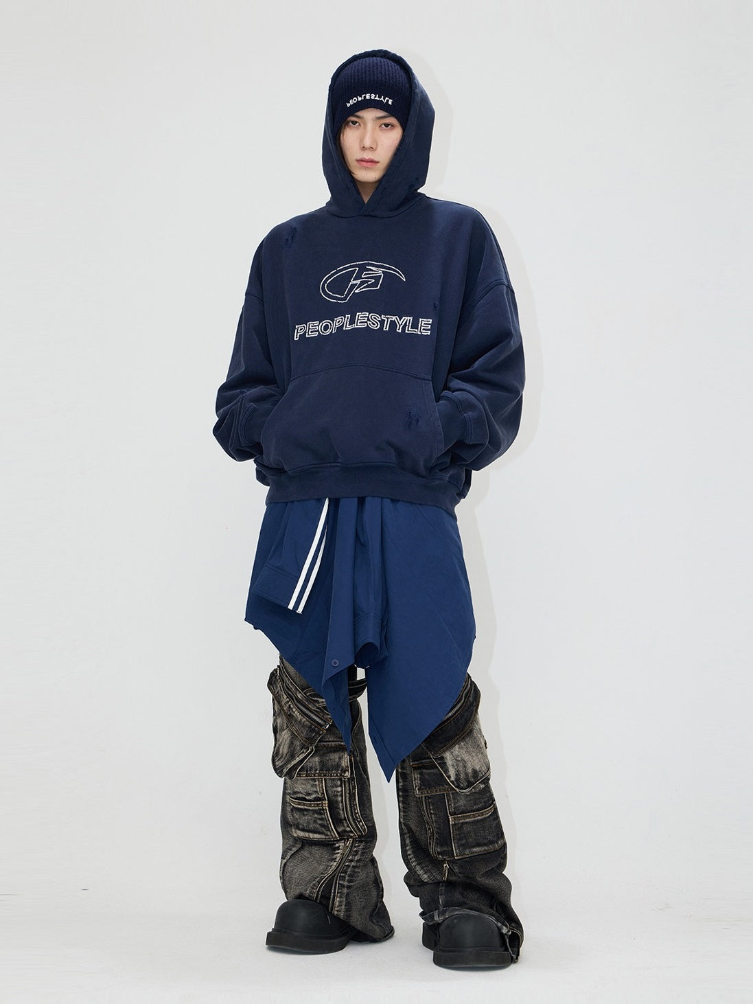 Print Distressed Washed Pullover Hoodie