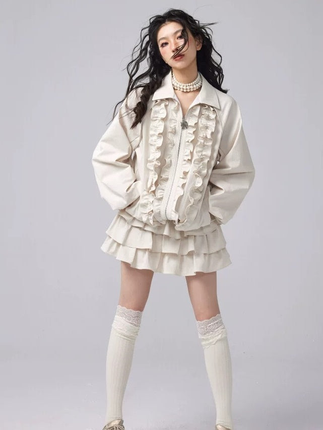 Ruffled POLO Collar Swing Jacket & Cake Skirt