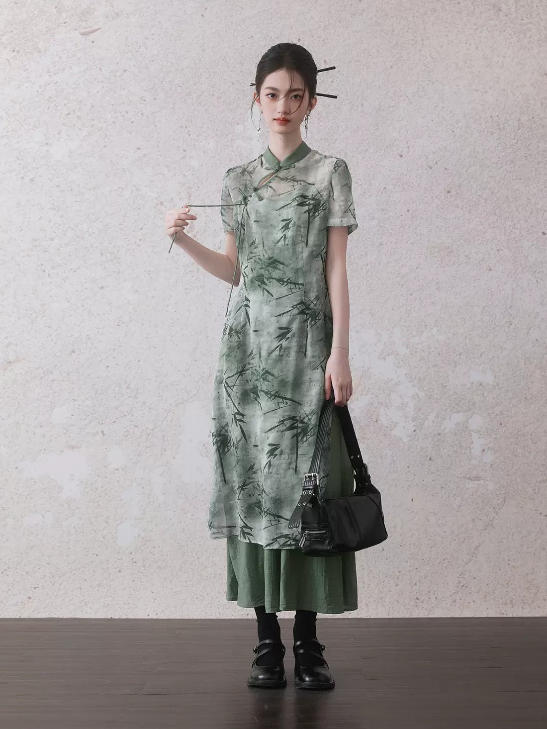 Chinese Style Bamboo Leaf Print Long Shirt & Camisole One-piece Set-up