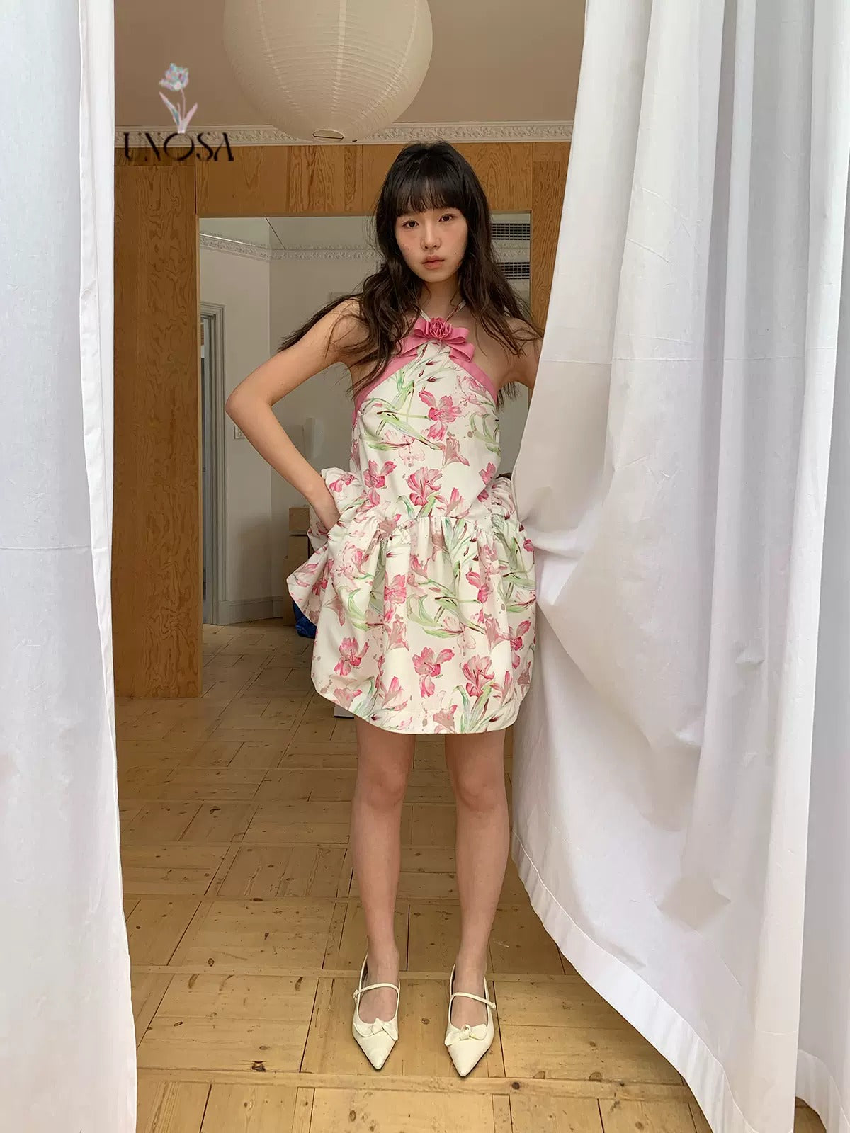Halter Neck Floral Printed Sweet Bow Puffy Dress