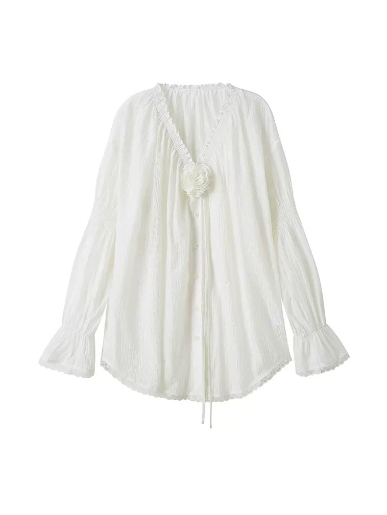 Gather V-Neck Lace Stitching Sheer Shirt