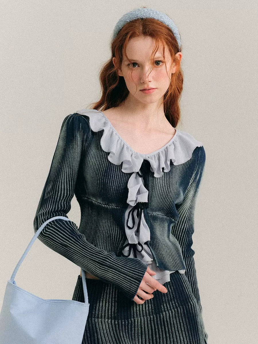 Washed Tie-dye Lace-up Knitted Cardigan & Skirt