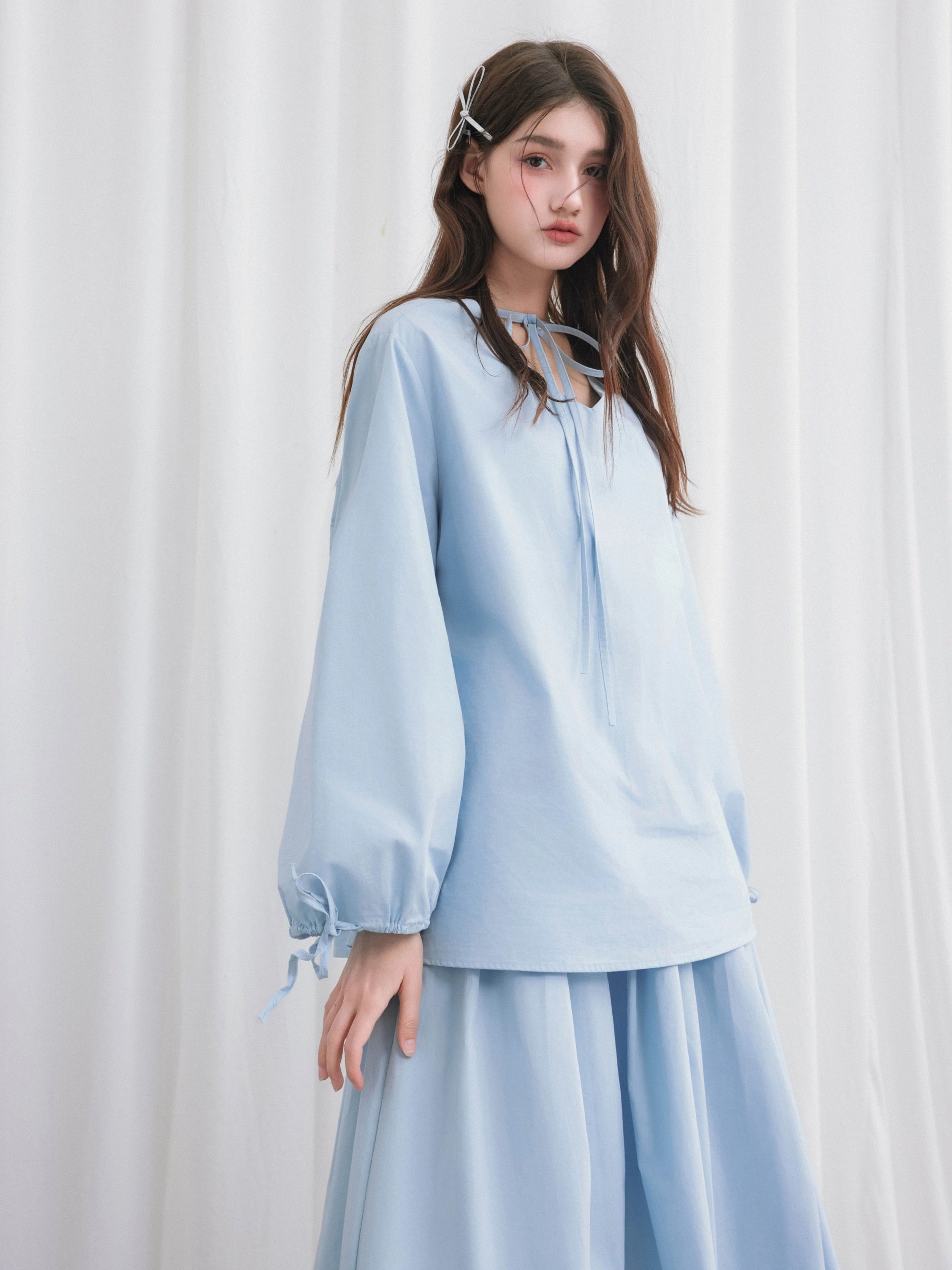 V-neck 2Way Long-sleeve Ribbon Shirtle & Long Skirt