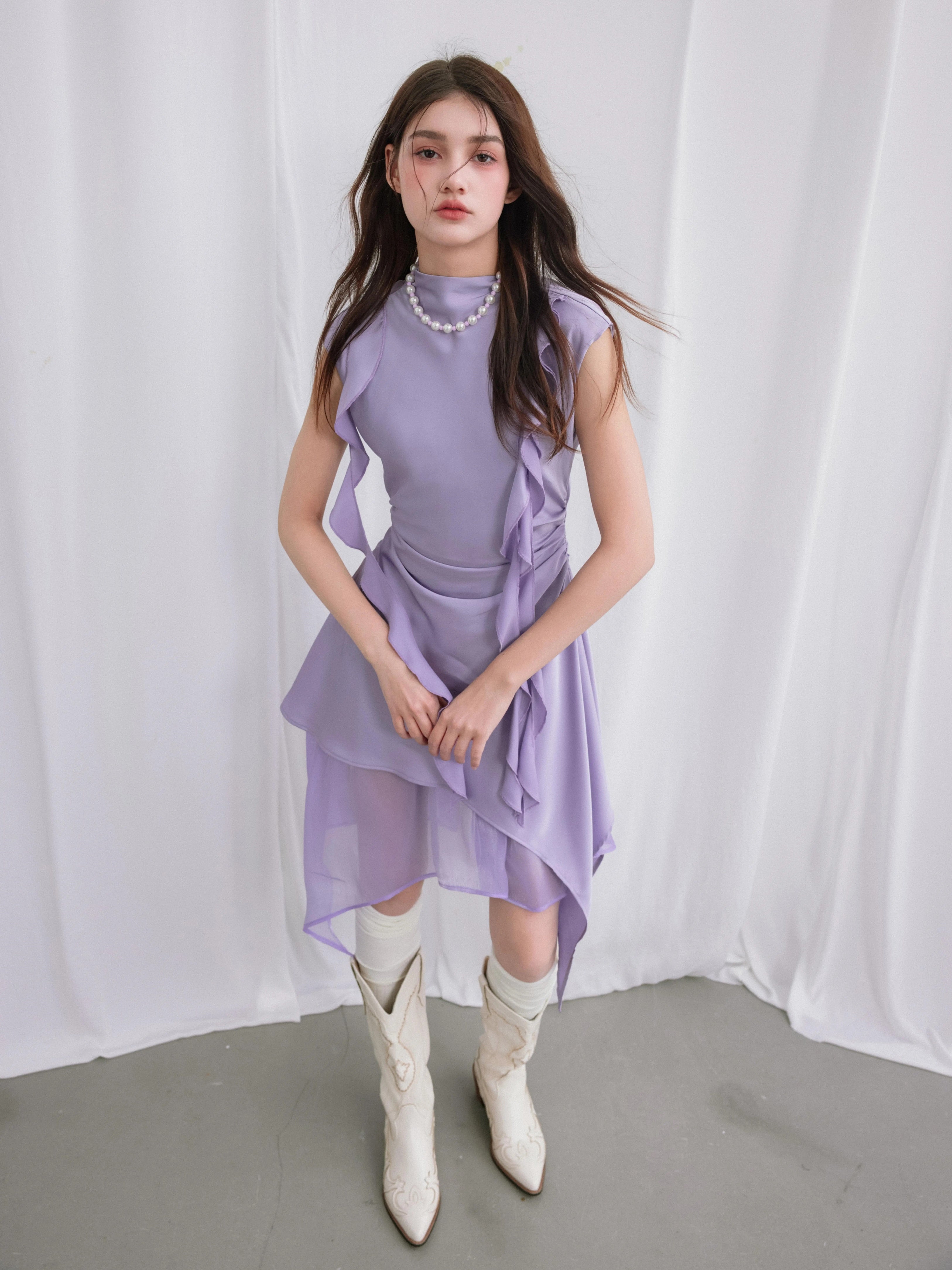 Backless Panelled Gauze Waist Streamers Irregular Midi Dress