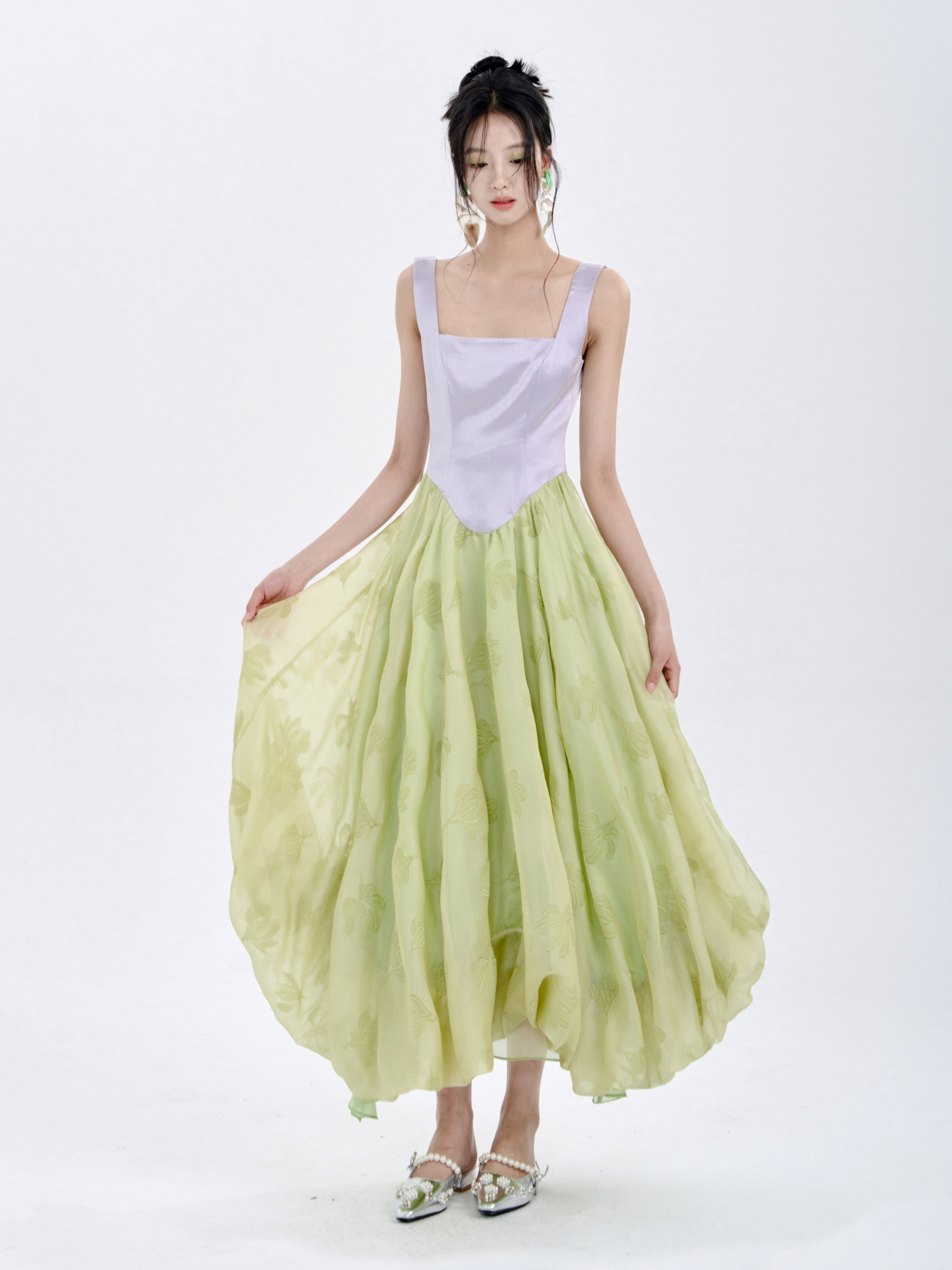 Color Matching Sleeveless Slim Waist Swing Puffy Dress