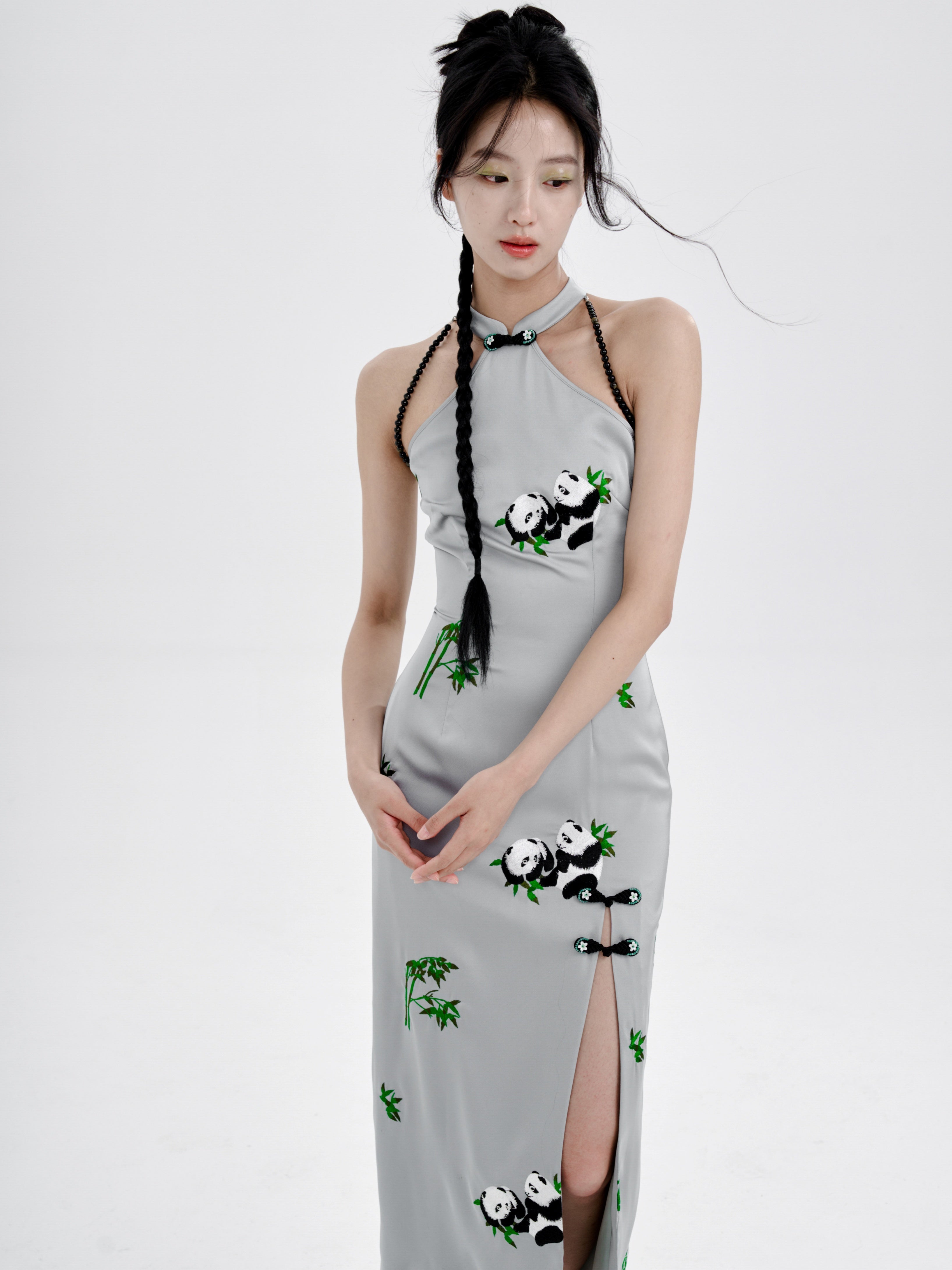 Panda Embroidery American Sleeve Long Dress