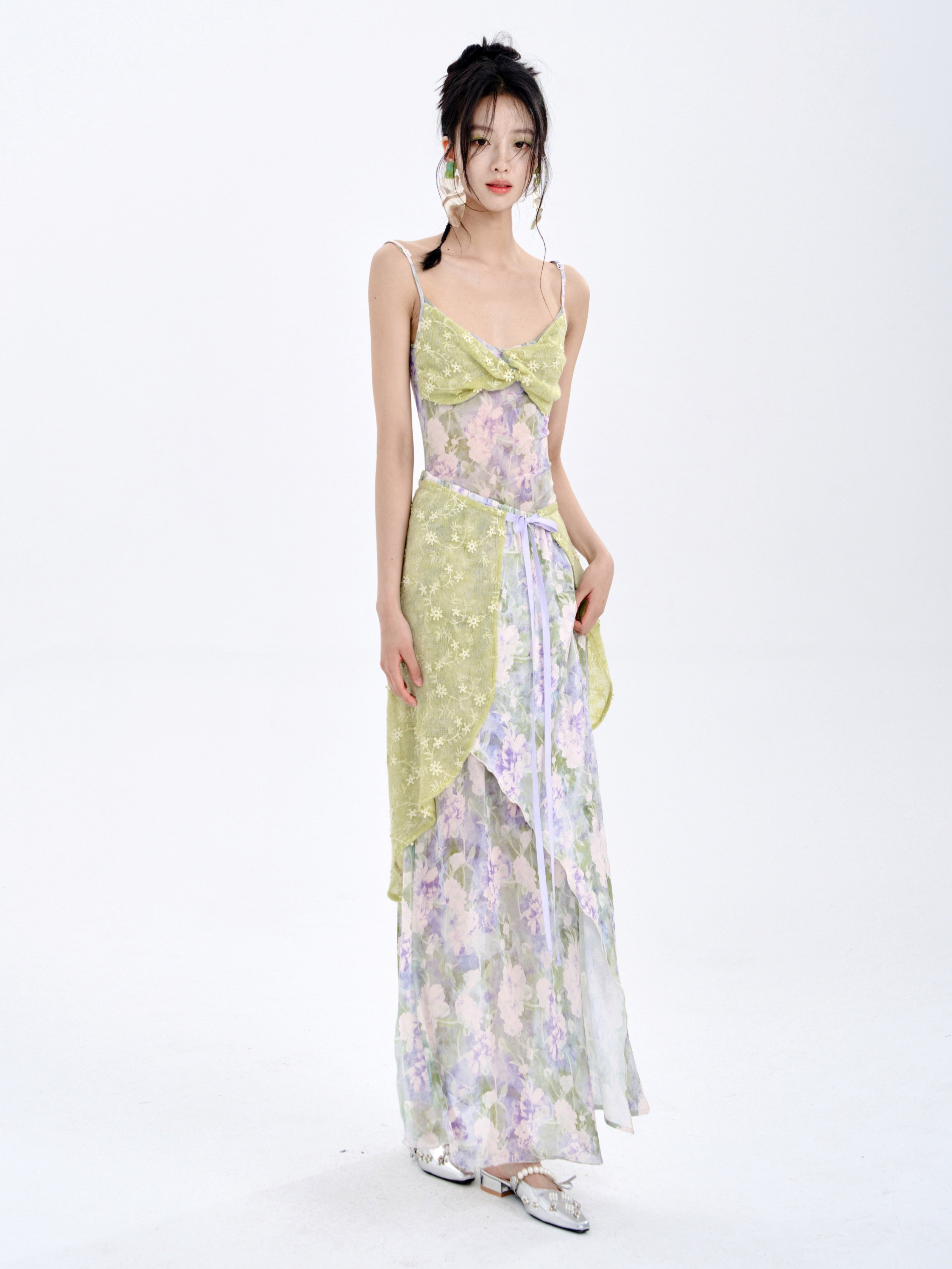 Stitching Tube Top Suspender Floral Dress & Wrap Skirt