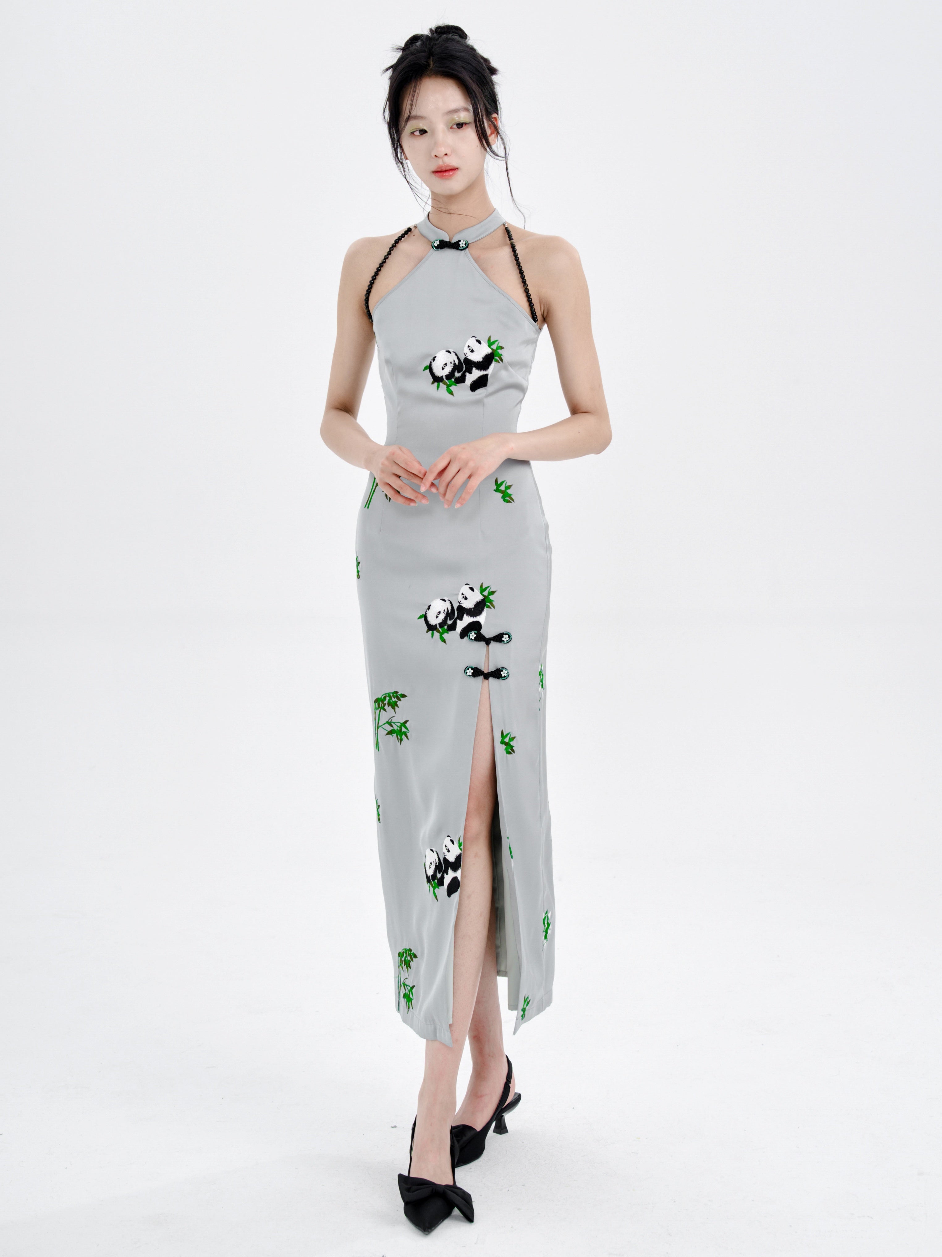 Panda Embroidery American Sleeve Long Dress