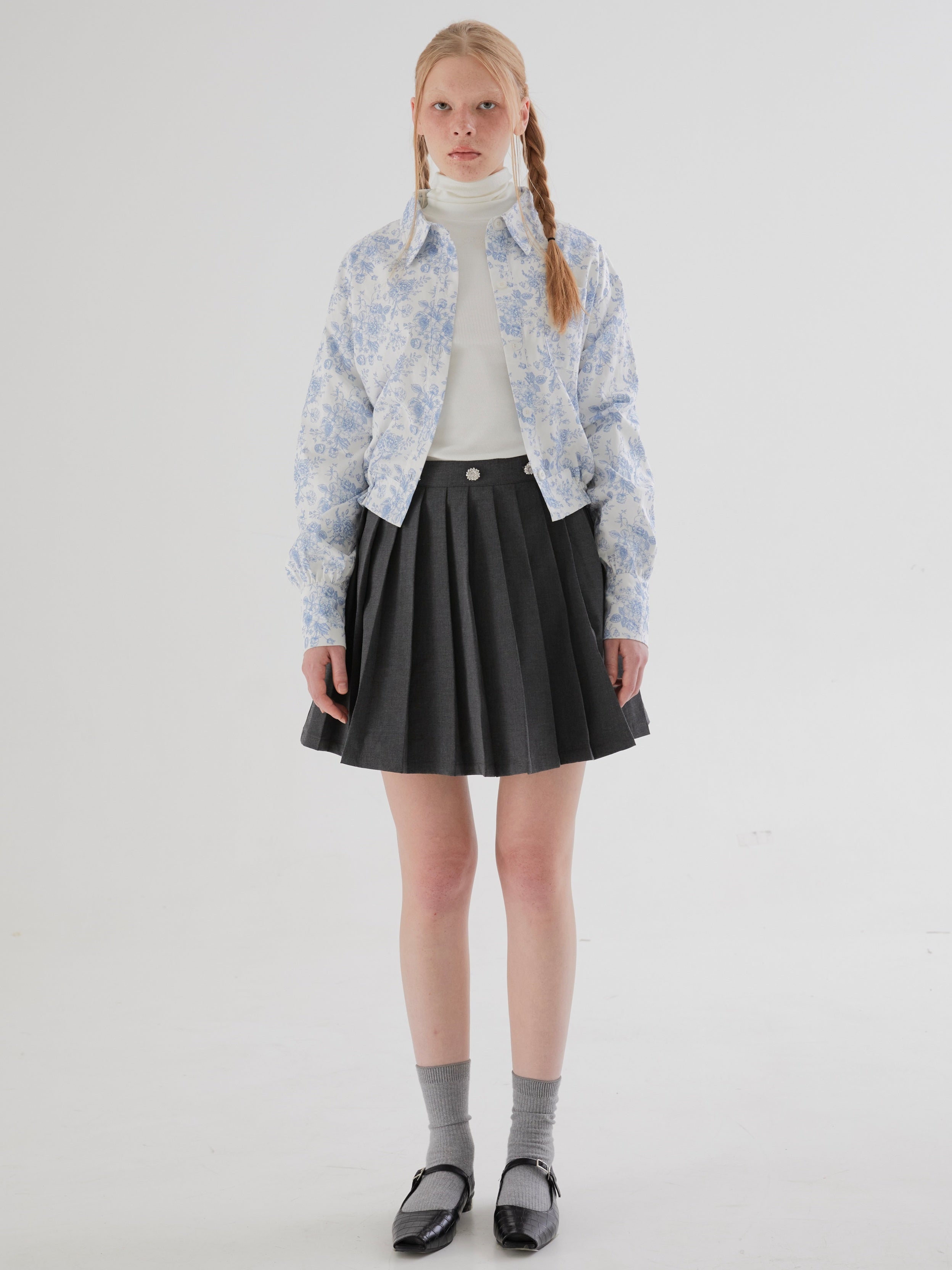 플로럴 드로스트링 크롭 루즈 셔츠