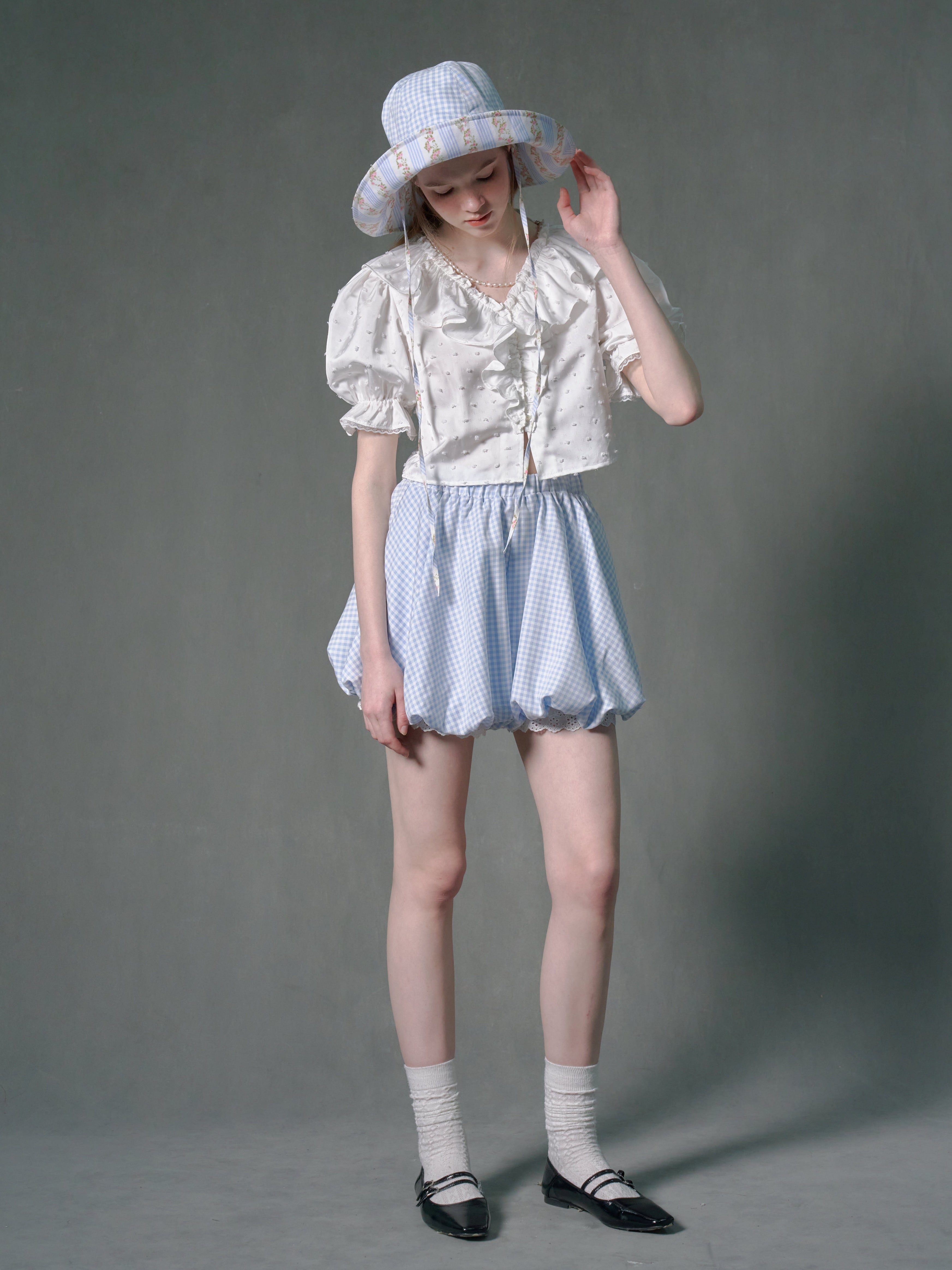 격자 무늬 푹신한 새싹 반바지