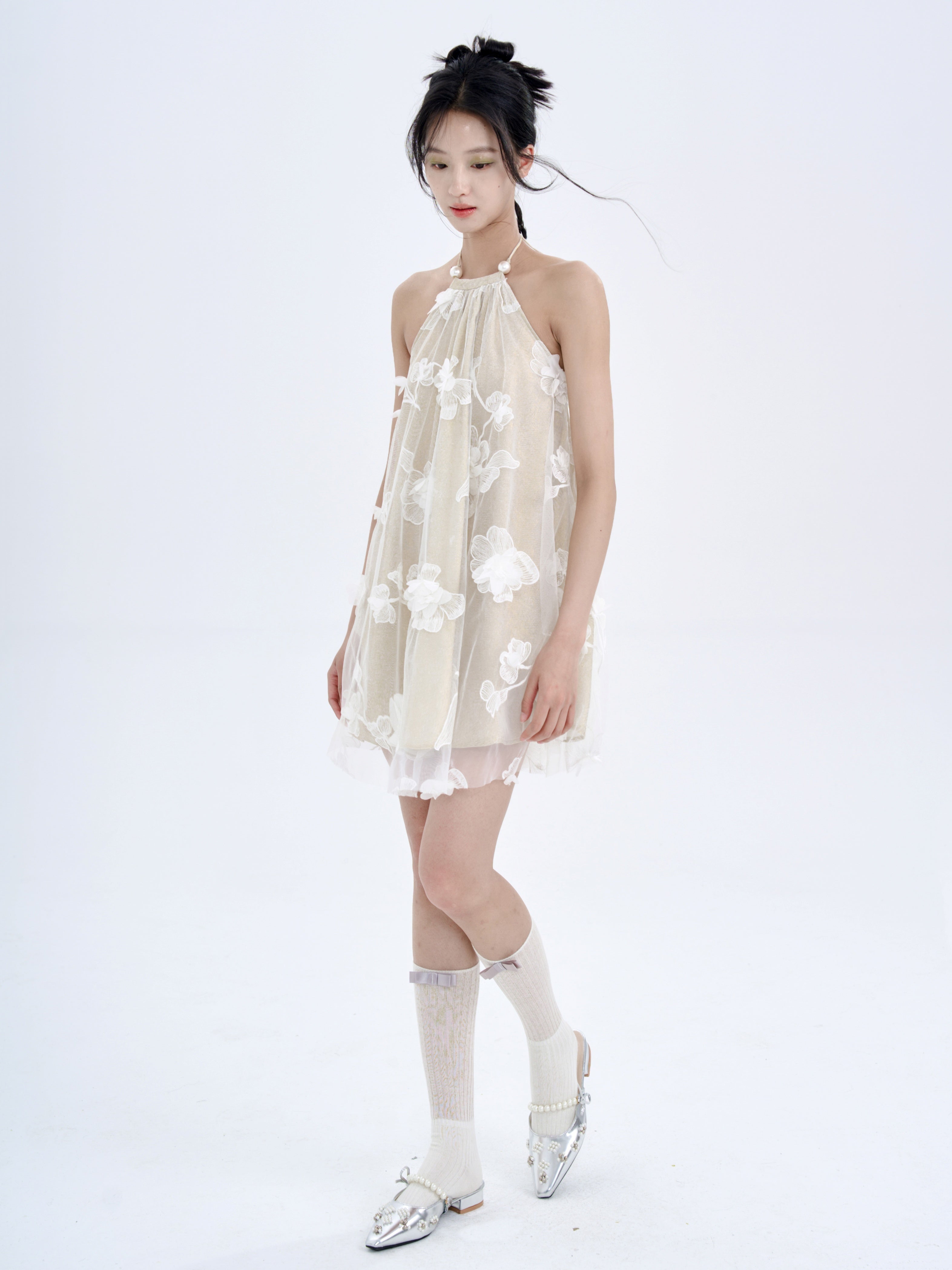 Three-dimensional Flower Halter Neck Dress