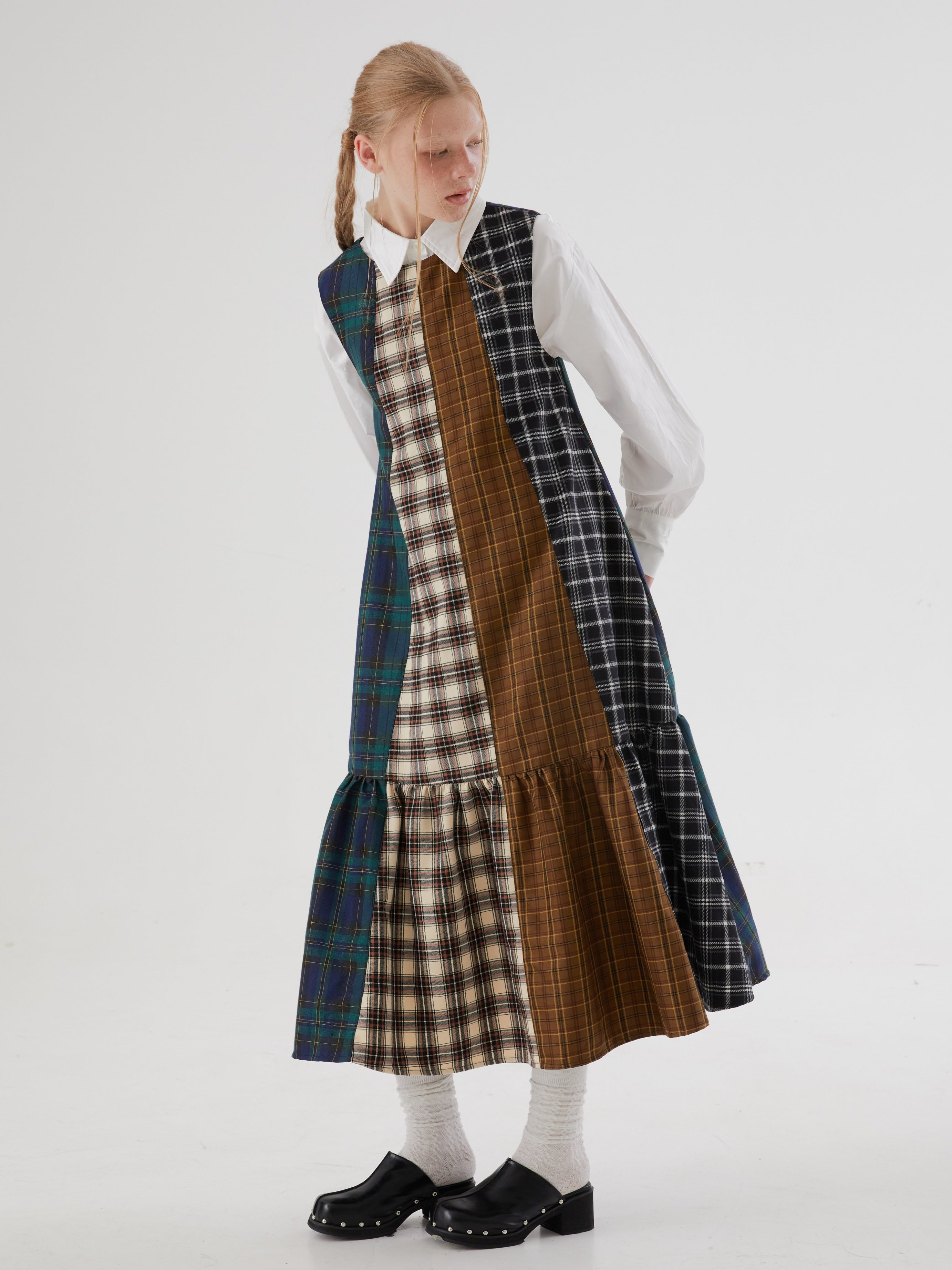 Plaid Patchwork-Ärmel lang ein Stück