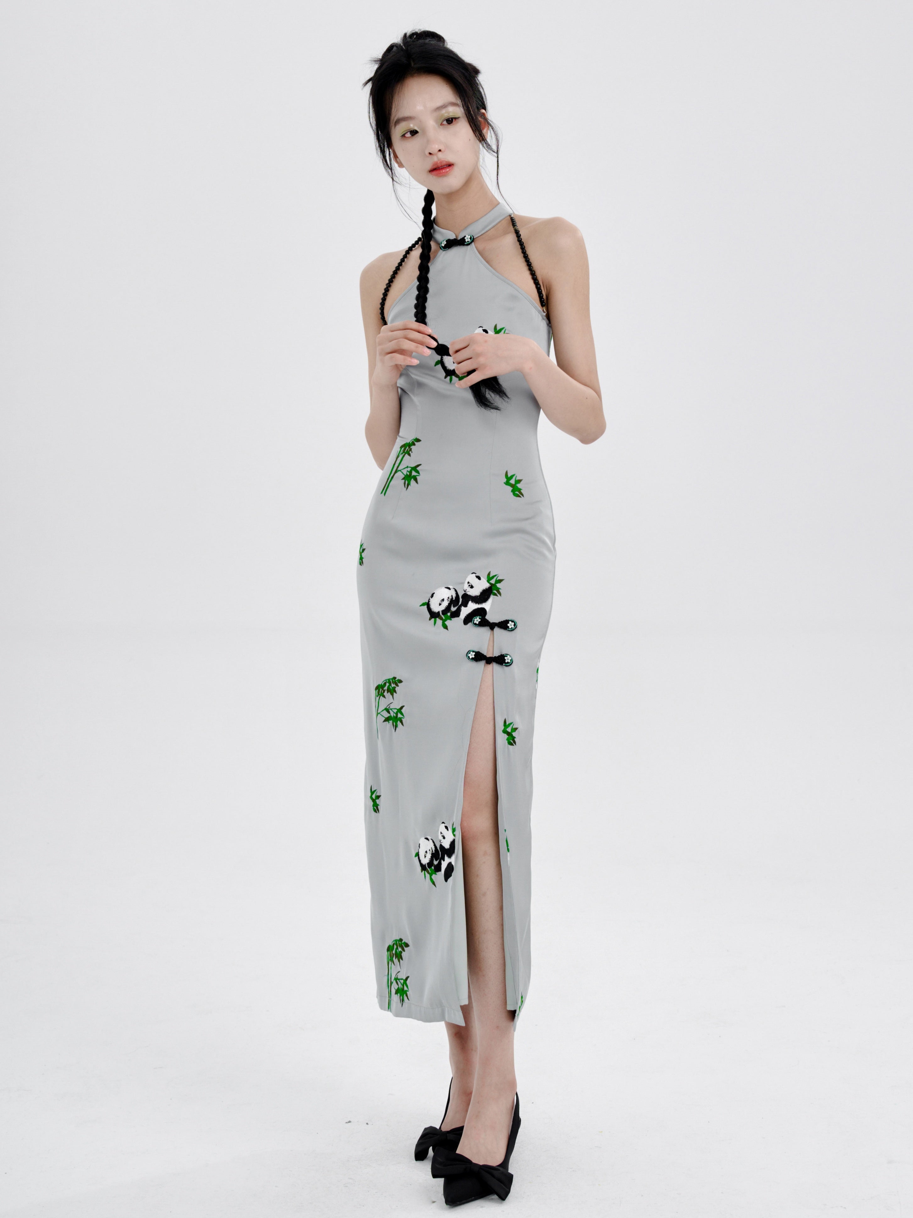 Panda Embroidery American Sleeve Long Dress