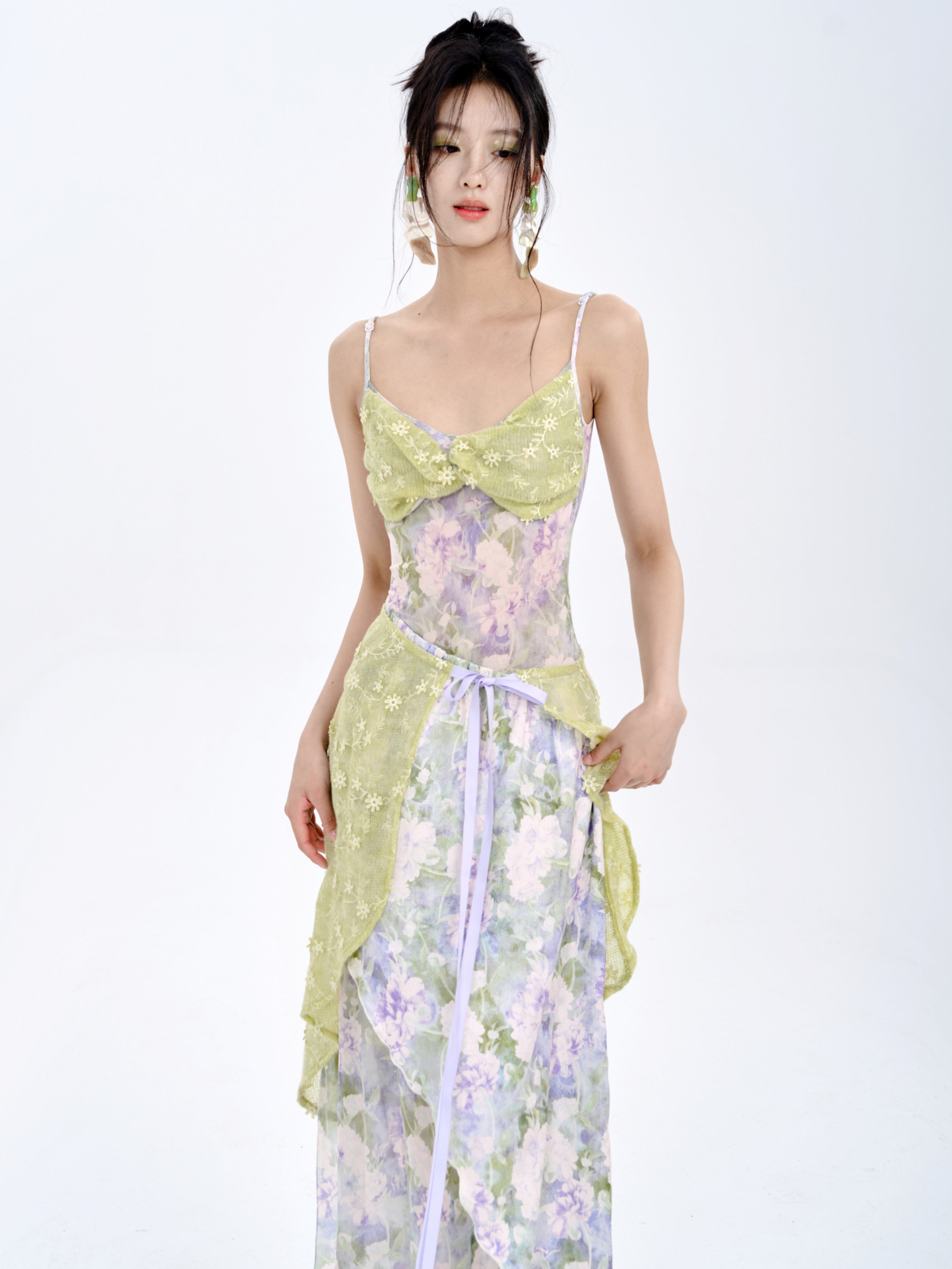 Stitching Tube Top Suspender Floral Dress & Wrap Skirt