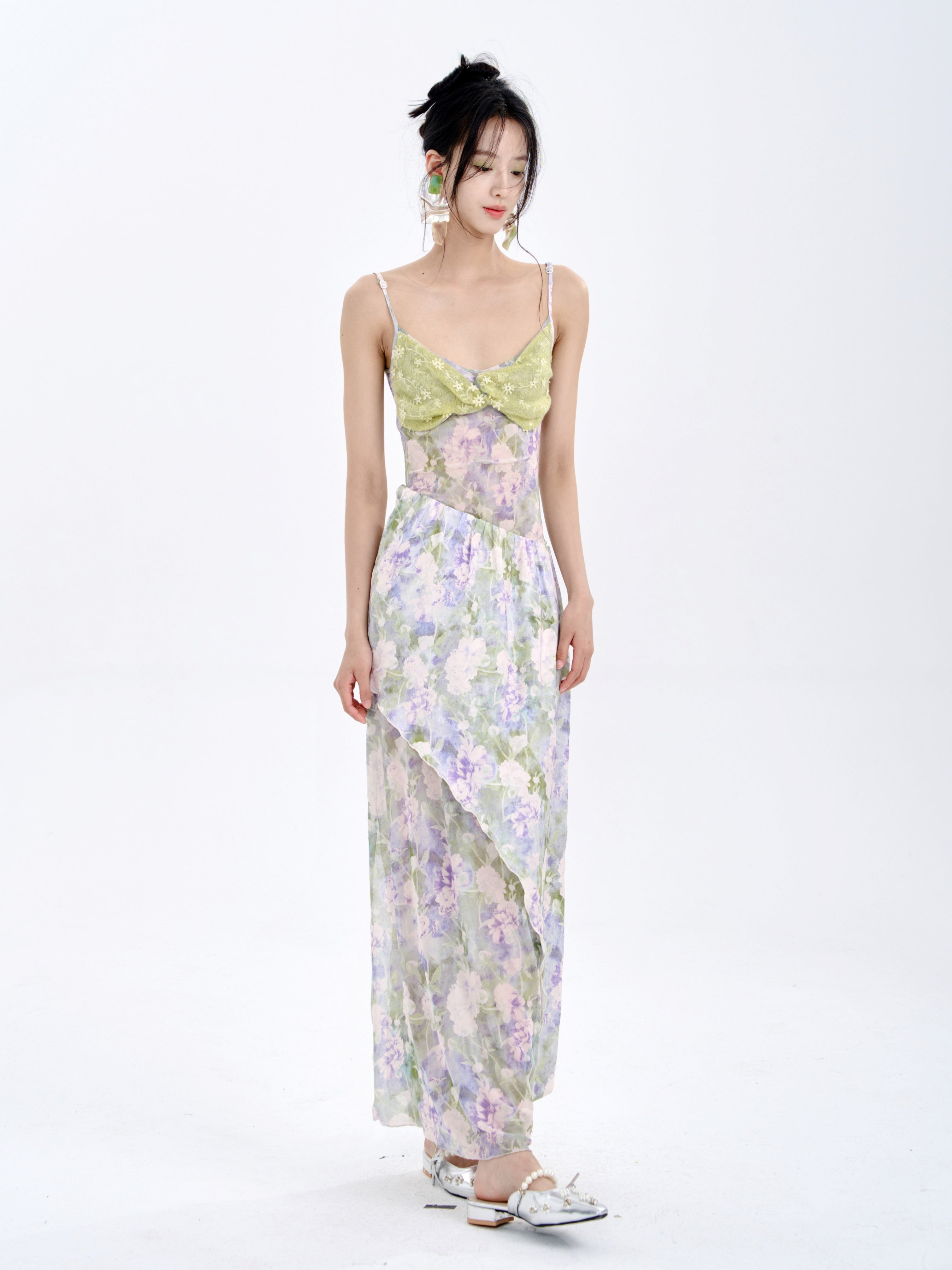 Stitching Tube Top Suspender Floral Dress & Wrap Skirt
